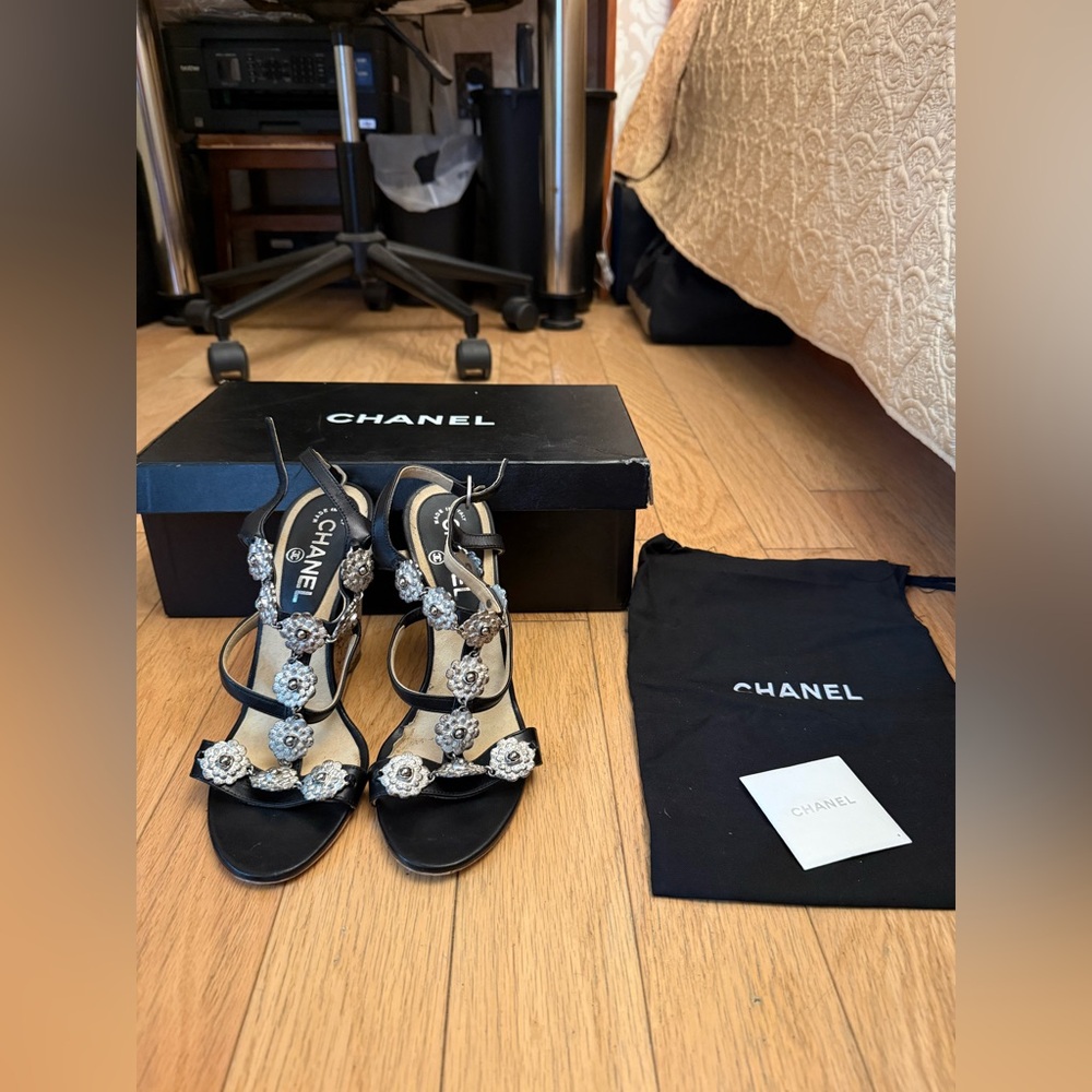 CHANEL Black Strappy Heels with Embellishments